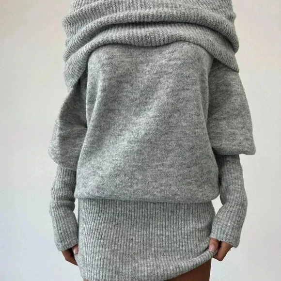 Dark Grey Casual Women's Y2k Style Long Sleeve Off-Shoulder Sweater Dress - Picture 4 of 9